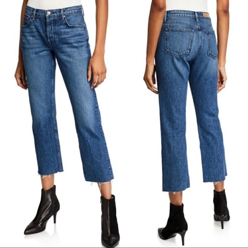 GRLFRND Tatum Always Now Cropped Distressed Straight Leg Blue Denim Jeans Sz 32